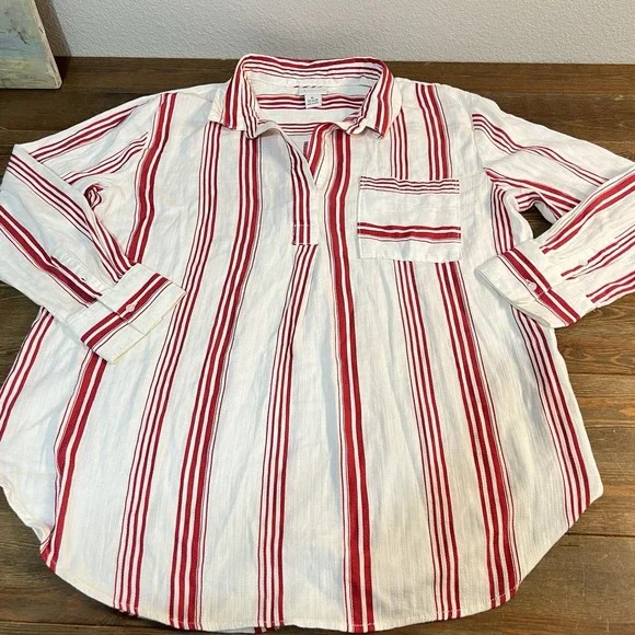 Liz Claiborne Womens Striped Button Down Shirt White & Red Cotton Rayon Sz‎ Xl - Picture 2 of 8